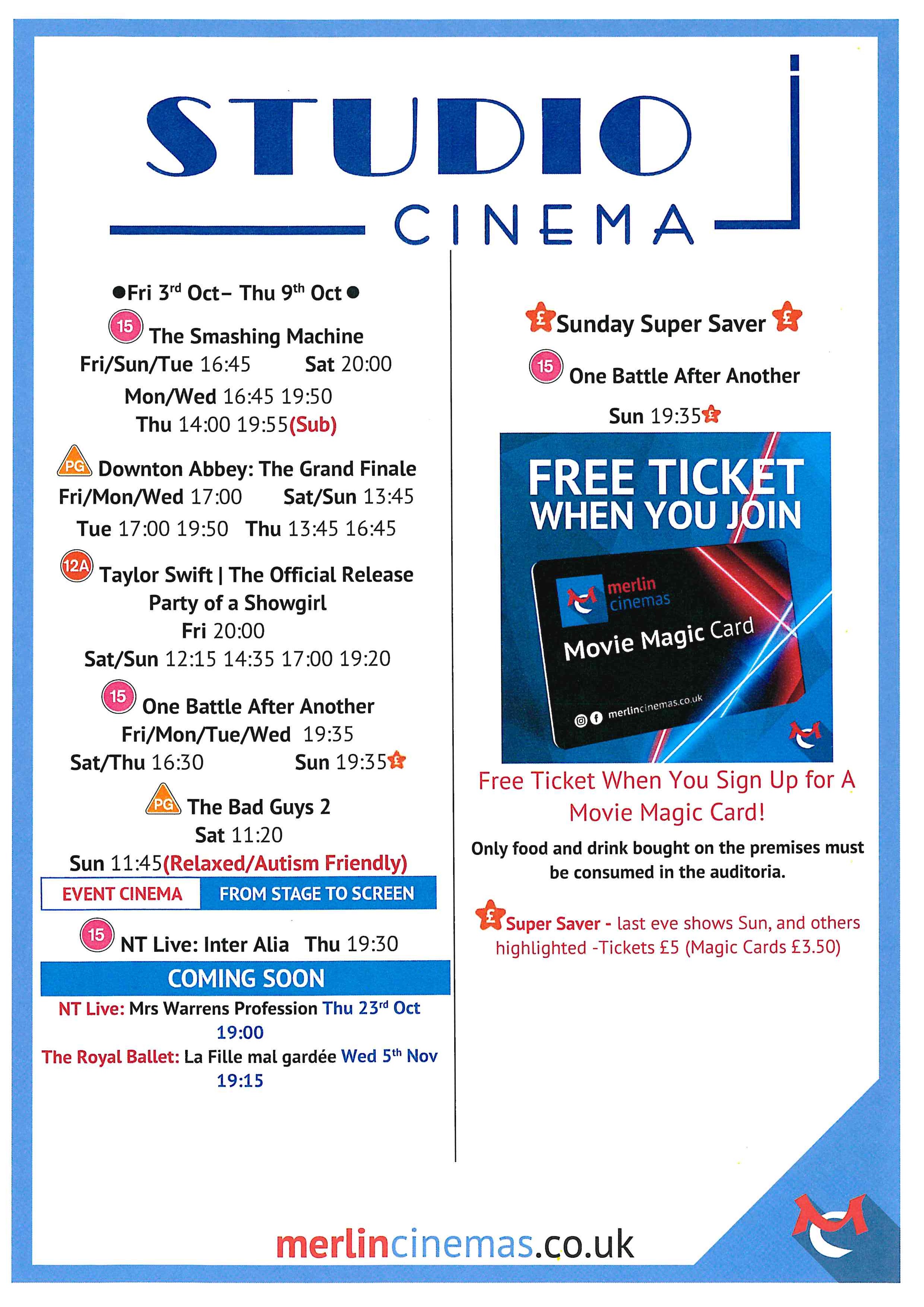Studio Cinema Listings Fri 3rd Oct - Thur 9th Oct